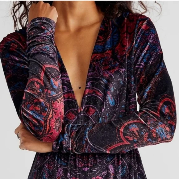 NWT FP Giselle Velvet Stretchy Wide Leg Jumpsuit Dark Combo Xs - Picture 14 of 17